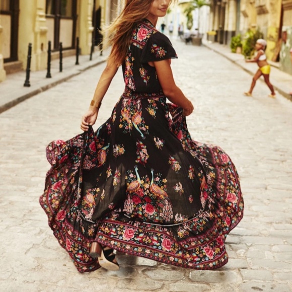 Boho Floral Print Black V neck High Low Dress - Picture 4 of 5